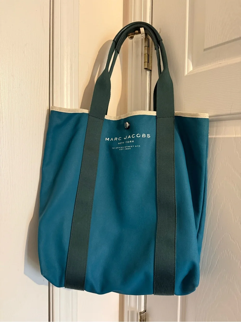 Marc Jacobs Teal Canvas Messenger Tote with Cream Trim